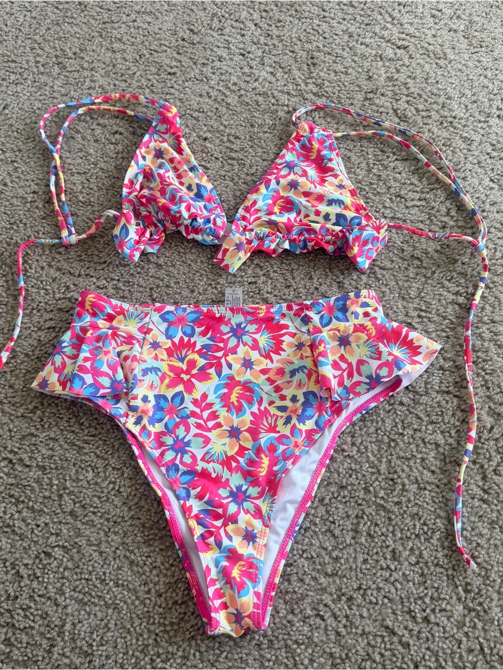 Ruffle Trim Floral Tie Bikini Set - Pink Multicolor